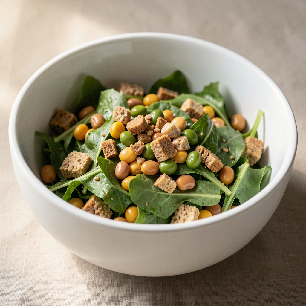 Frisch zubereitete Mahlzeit in einer weissen Schüssel, Salat mit Hülsenfrüchten und Vollkornprodukten, natürliches Seitenlicht
