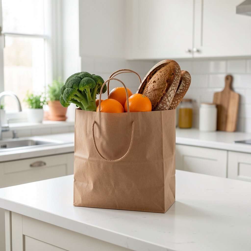 Wocheneinkauf in Papiertasche auf Küchentheke, sichtbar Brokkoli, Orangen und Vollkornbrot, helle Küche