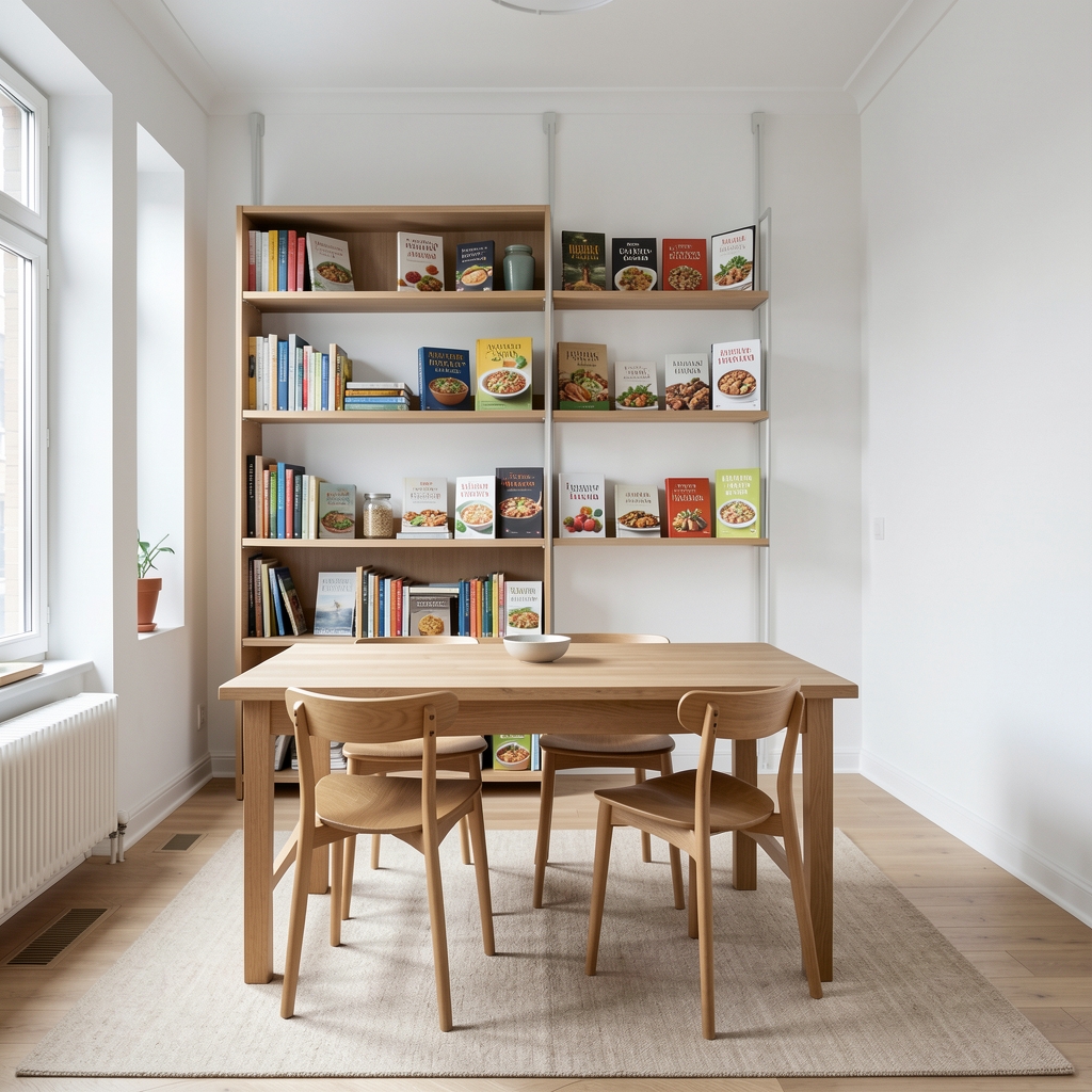 Helles Beratungszimmer von Orena mit weissen Wänden, Holztisch und Stühlen, offenes Regal mit Ernährungsbüchern, Zürich Seefeld